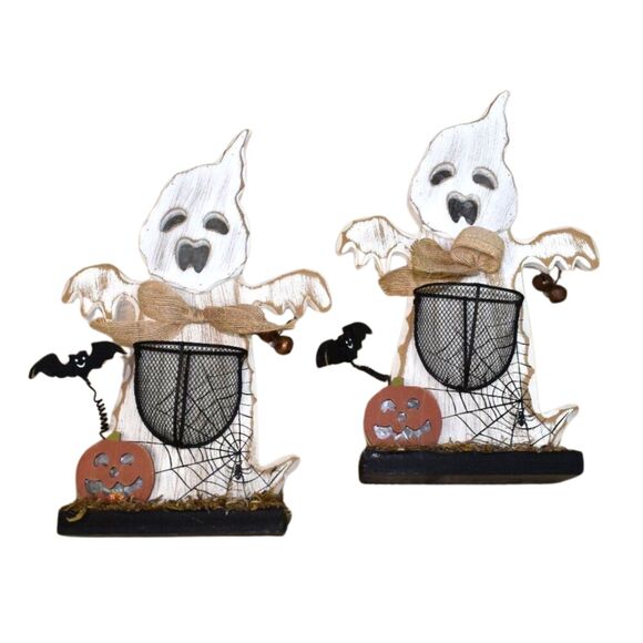 Halloween Wood Ghost Pumpkin Decorations Set of 2 - Picture 1 of 9
